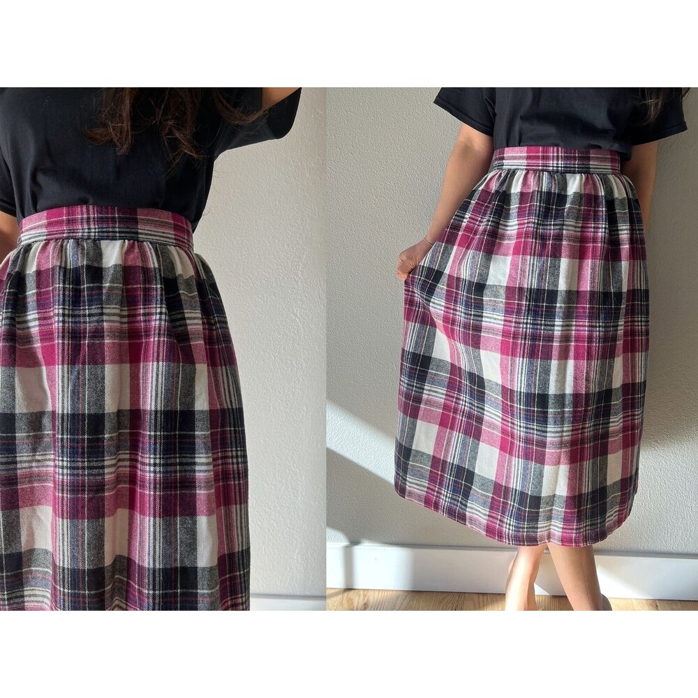 vtg 80s citysquare wool plaid school skirt pink black white‎ midi small retro